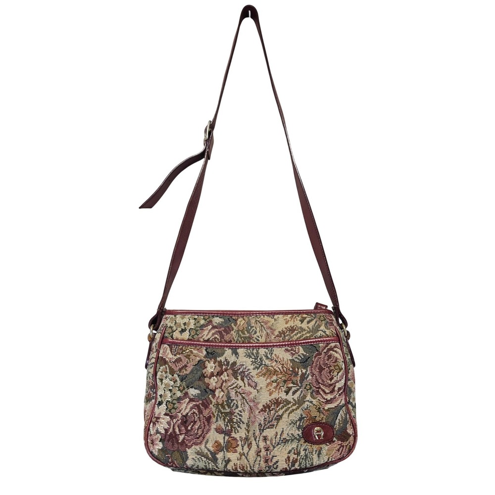Etienne Aigner Floral Tapestry Crossbody Bag Burgundy Leather Trim Vintage